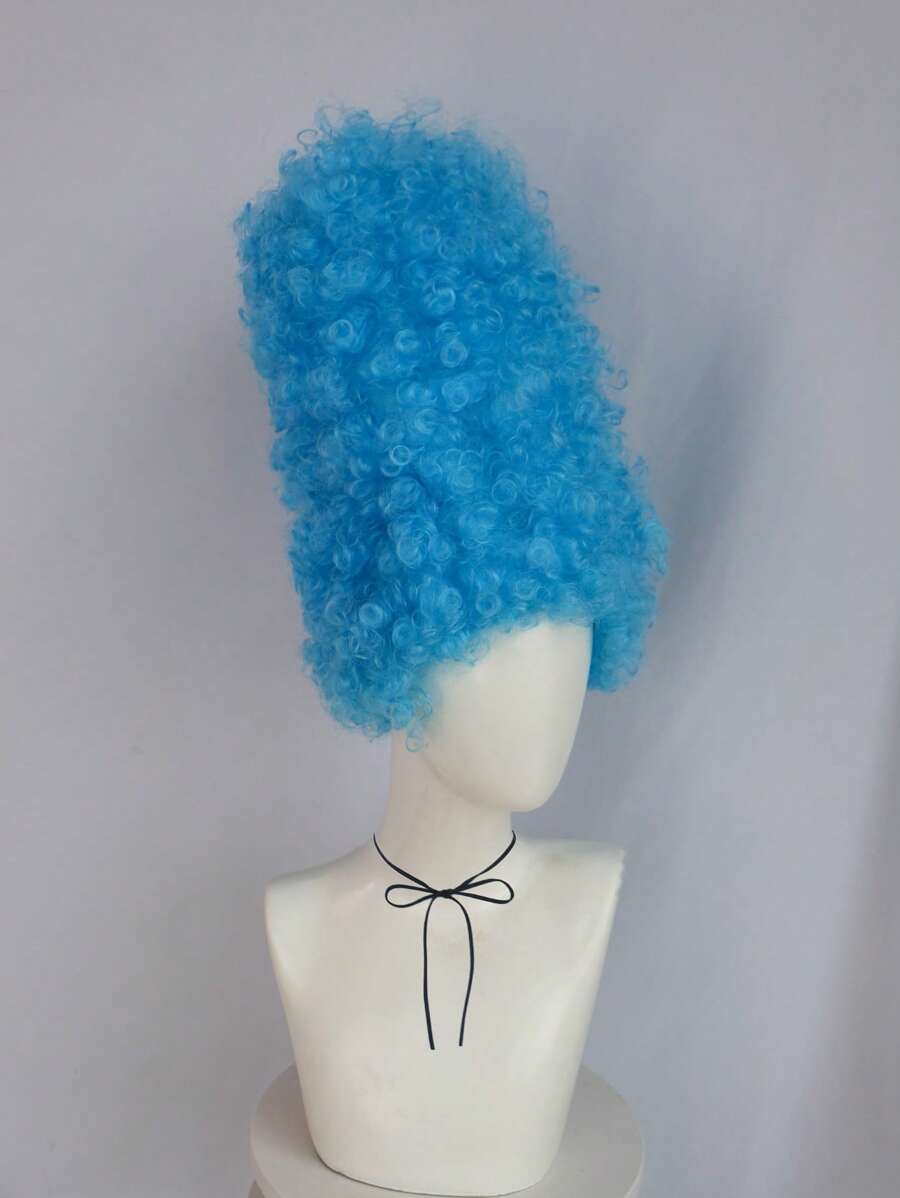 14 Inch Blue Curly High Hat Style Cosplay Wig, Unisex Funny Character Wig, For Halloween Party Costume School Carnival Concerts Vacation Photography Themed Events Comic Con Exhibition