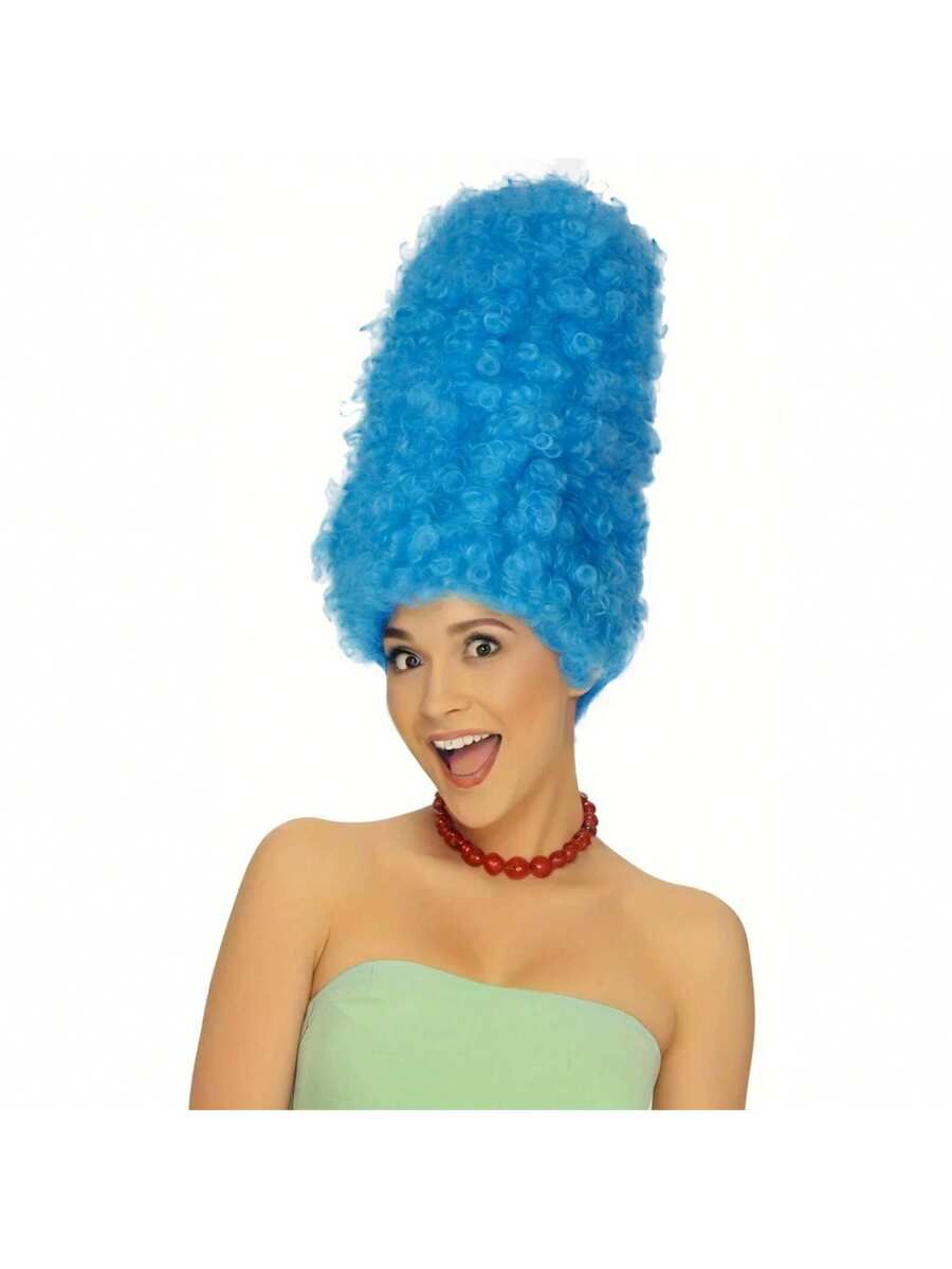 14 Inch Blue Curly High Hat Style Cosplay Wig, Unisex Funny Character Wig, For Halloween Party Costume School Carnival Concerts Vacation Photography Themed Events Comic Con Exhibition