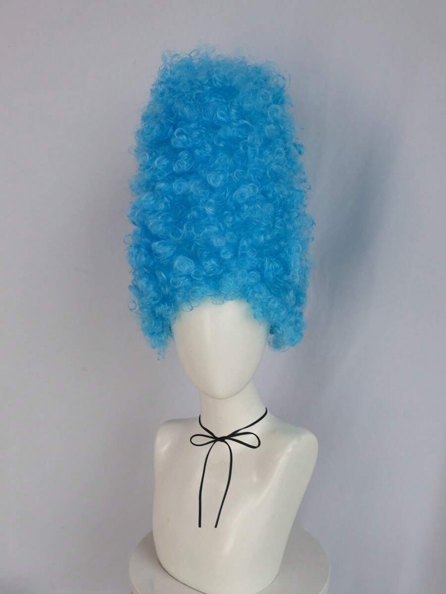 14 Inch Blue Curly High Hat Style Cosplay Wig, Unisex Funny Character Wig, For Halloween Party Costume School Carnival Concerts Vacation Photography Themed Events Comic Con Exhibition