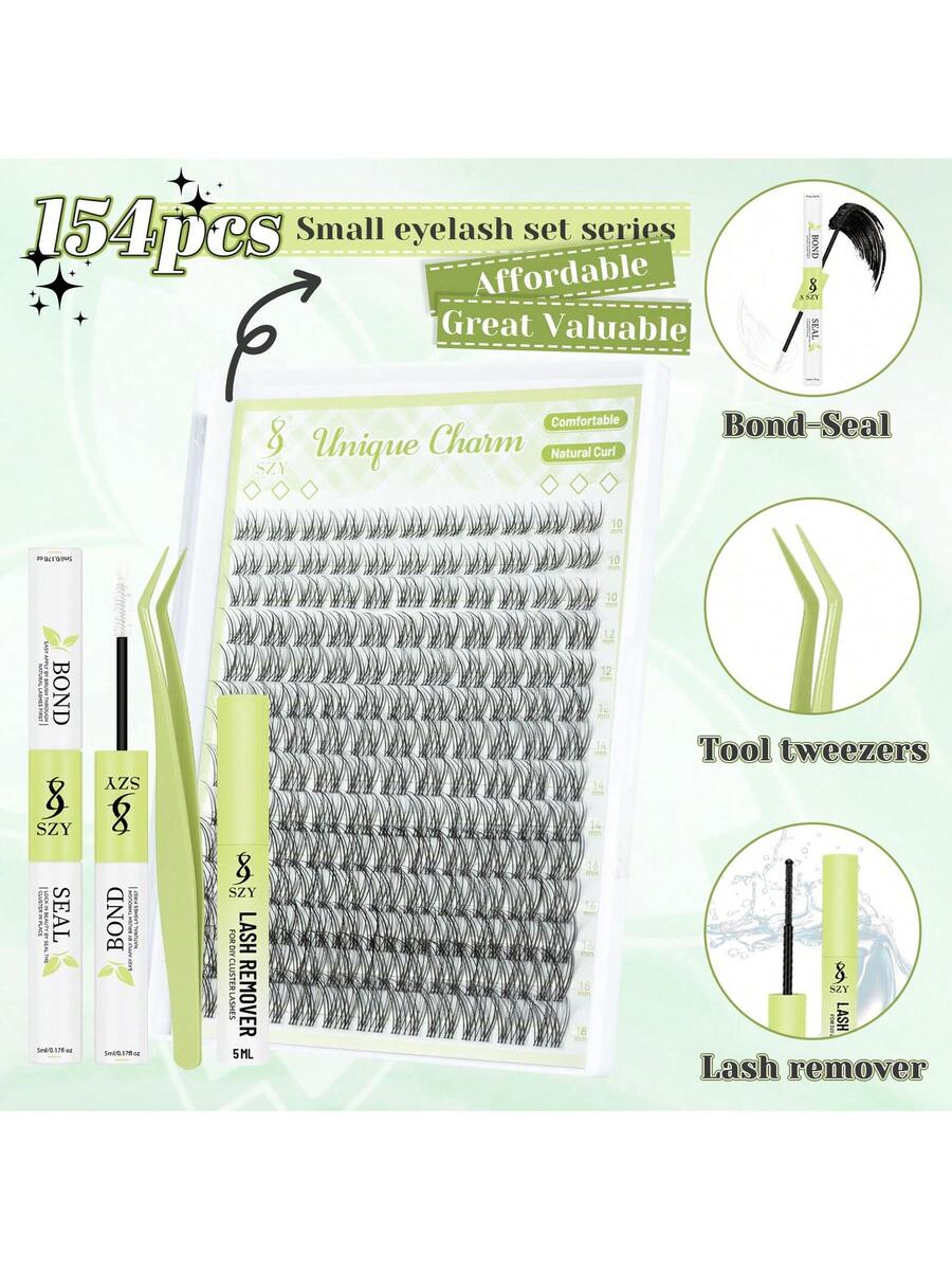 Natural Lash Kit 154Pcs DIY Lash Kit Wispy Eyelash Kit 10-18MIX With Bond And Seal Remover And Tweezers Lash Clusters