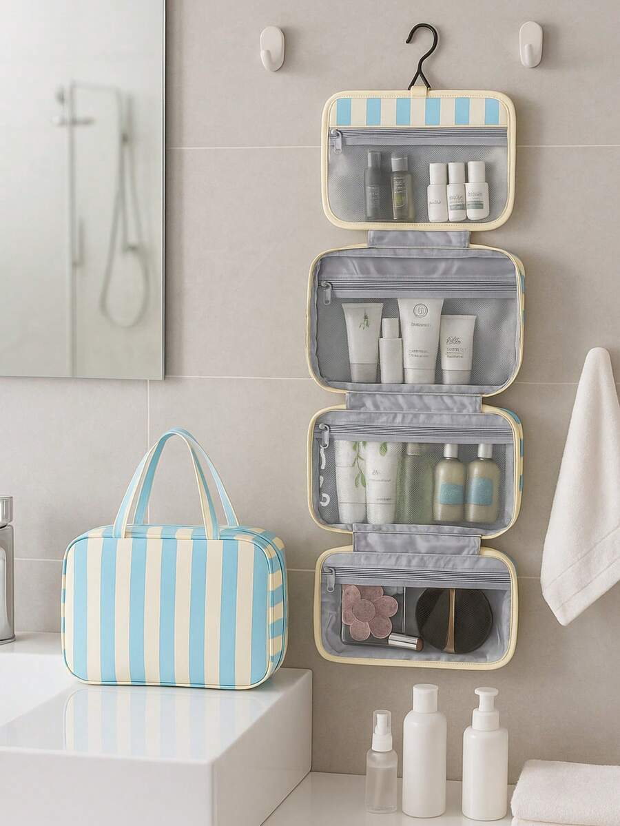 Multifunctional 4-Fold Hanging Toiletry & Makeup Bag, Large Capacity Travel Cosmetic Organizer With Hook, Portable Toiletry Bag For Business Trips And Daily Use, Space Saving