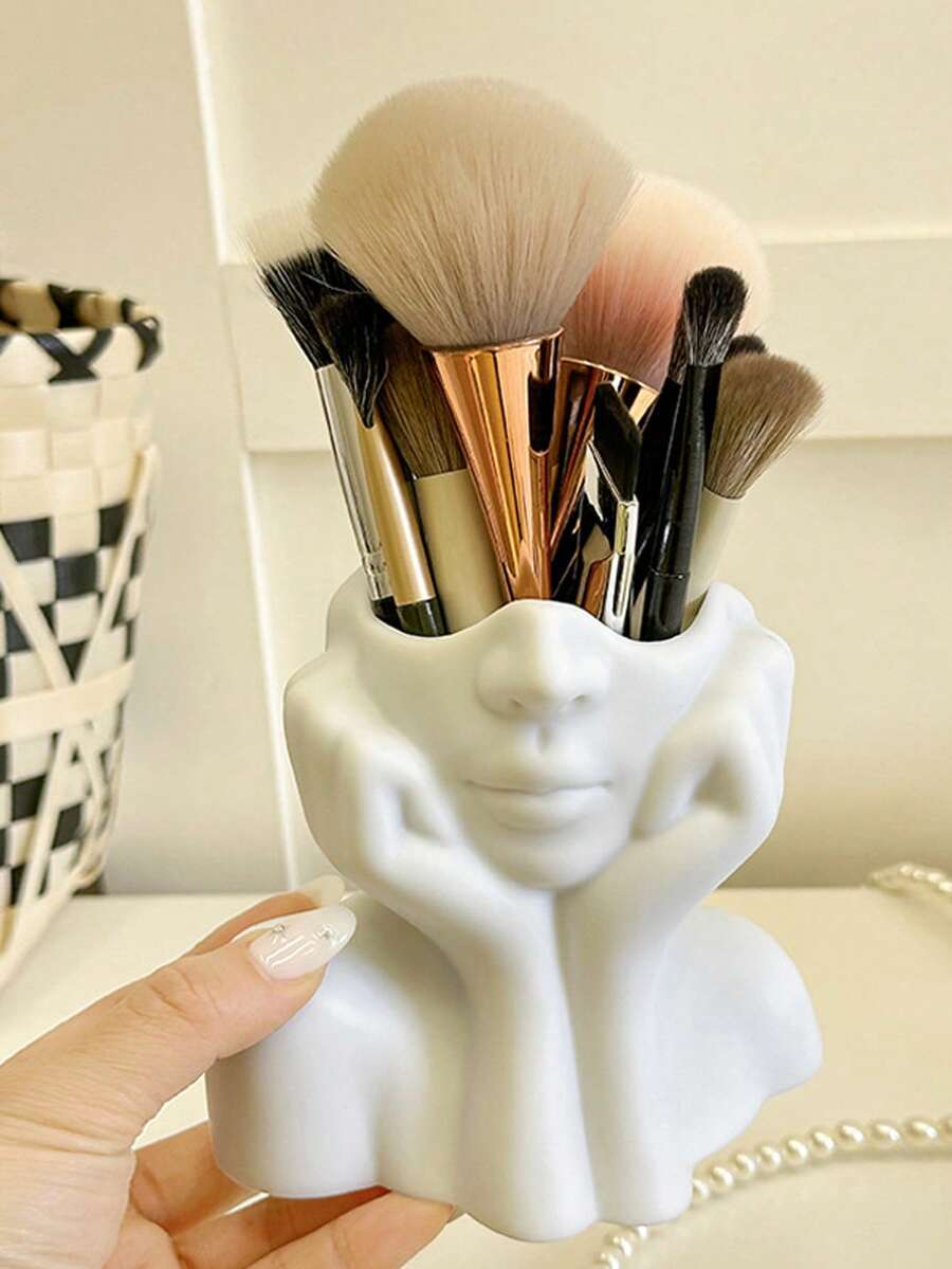 1pc White Human Art Storage Bucket, Multi-Use Holder For Makeup Brushes & Stationery, Lightweight For Vanity, Bath & Office, No Assembly Required