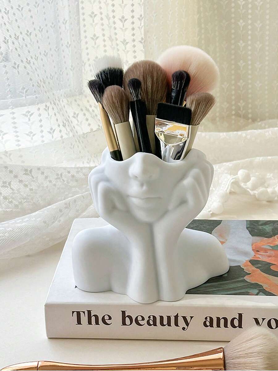 1pc White Human Art Storage Bucket, Multi-Use Holder For Makeup Brushes & Stationery, Lightweight For Vanity, Bath & Office, No Assembly Required