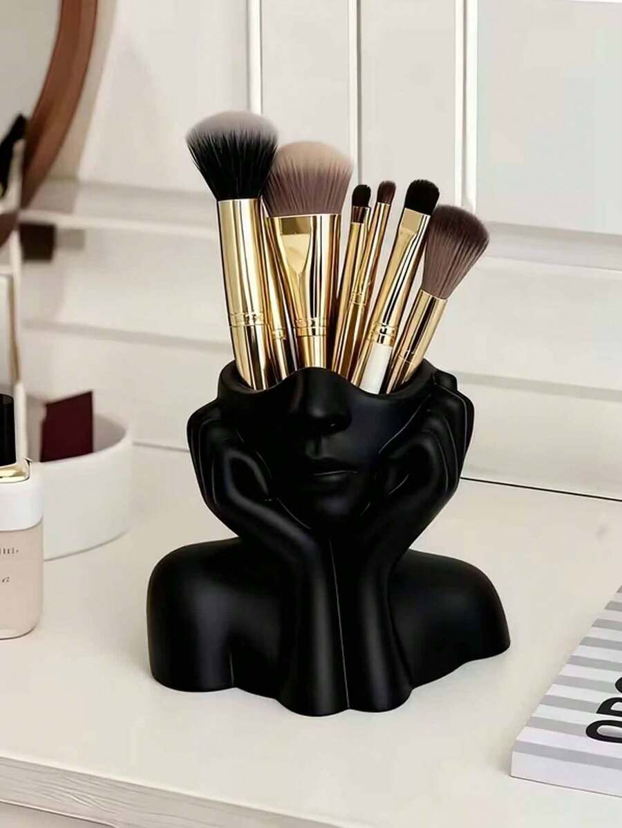 1pc White Human Art Storage Bucket, Multi-Use Holder For Makeup Brushes & Stationery, Lightweight For Vanity, Bath & Office, No Assembly Required