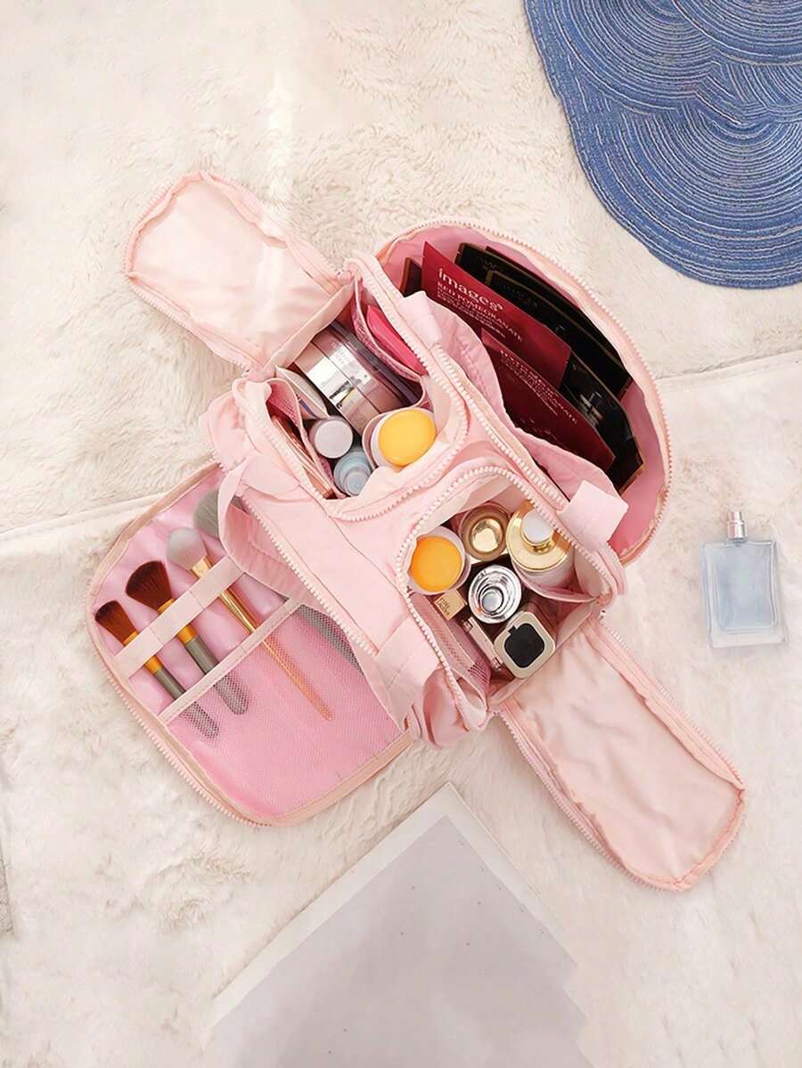 Dual Wide Opening Large Capacity Fluffy Makeup Bag Travel Bag Portable Lightweight Stylish For Home For Outdoor Daily Use Summer Holiday, Wash Bag