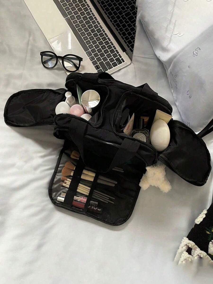 Dual Wide Opening Large Capacity Fluffy Makeup Bag Travel Bag Portable Lightweight Stylish For Home For Outdoor Daily Use Summer Holiday, Wash Bag