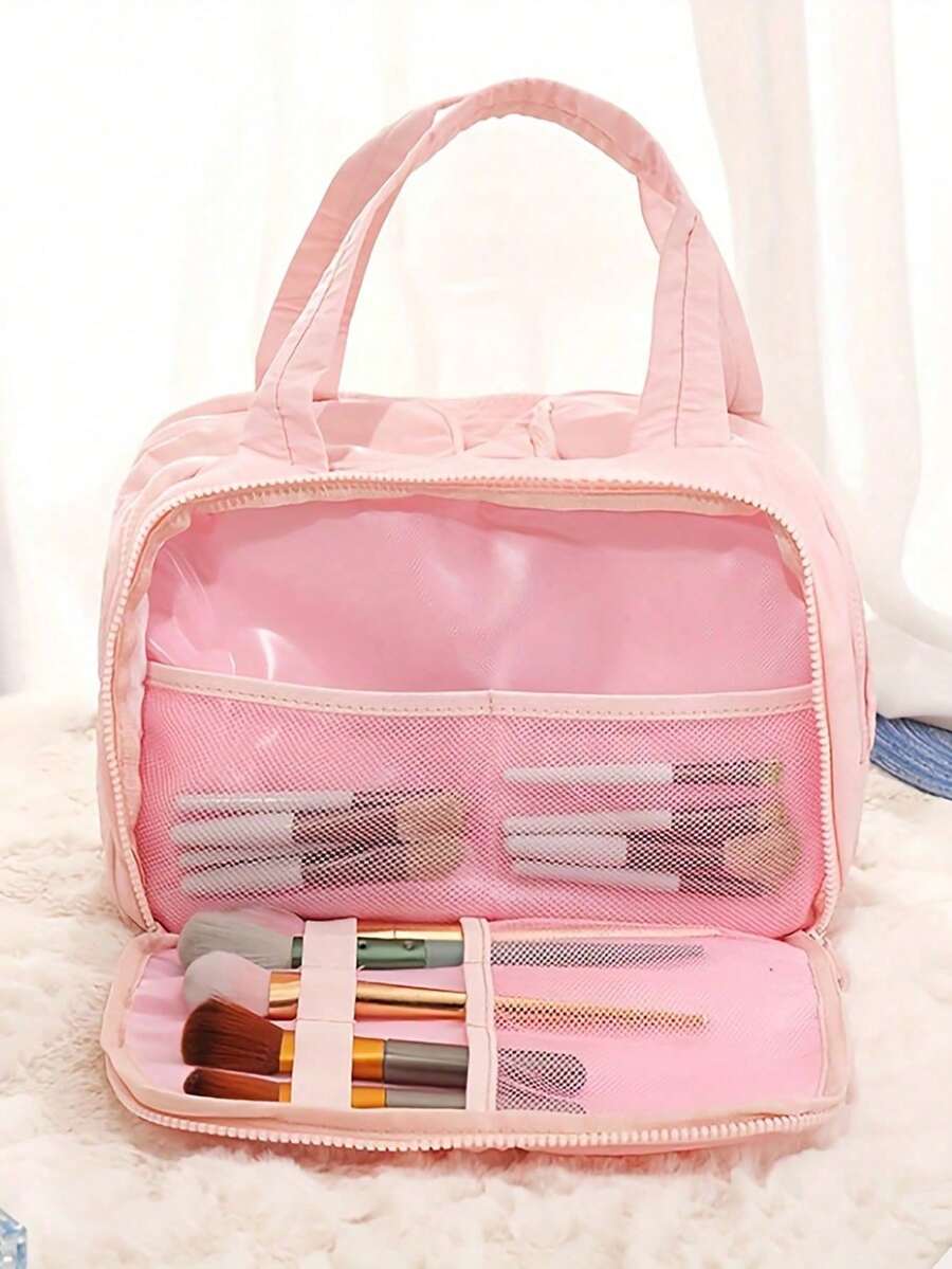 Dual Wide Opening Large Capacity Fluffy Makeup Bag Travel Bag Portable Lightweight Stylish For Home For Outdoor Daily Use Summer Holiday, Wash Bag