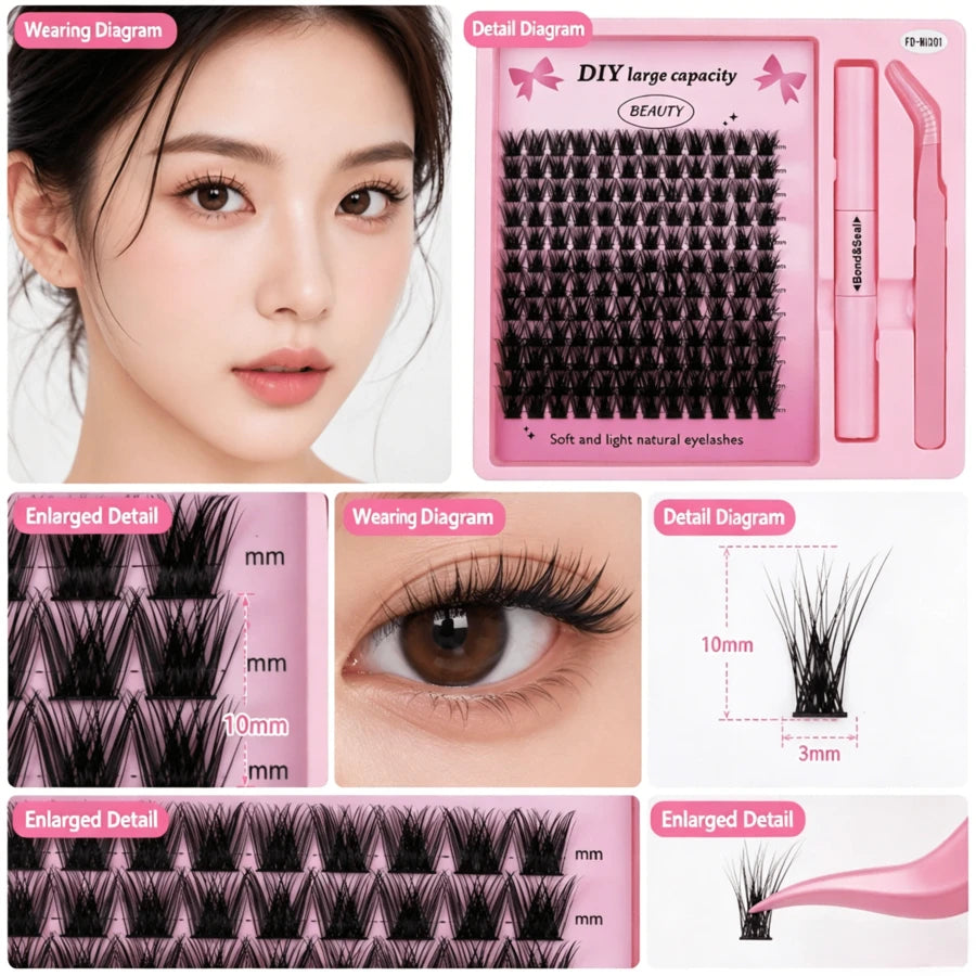Lash cluster tray with length and cluster detail diagram