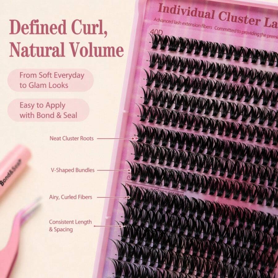 Close view of mixed-length curled lash clusters
