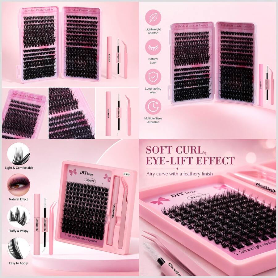 144-piece mixed-length lash cluster kit with bond seal and tweezers