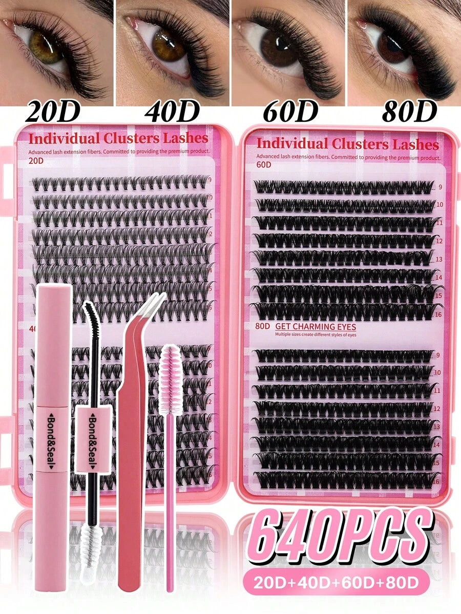 640-piece mixed-length DIY lash cluster kit with tools
