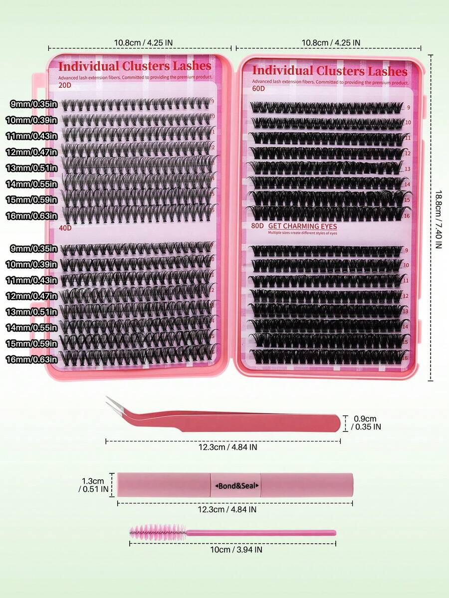 Lash cluster kit dimensions and mixed-length tray layout