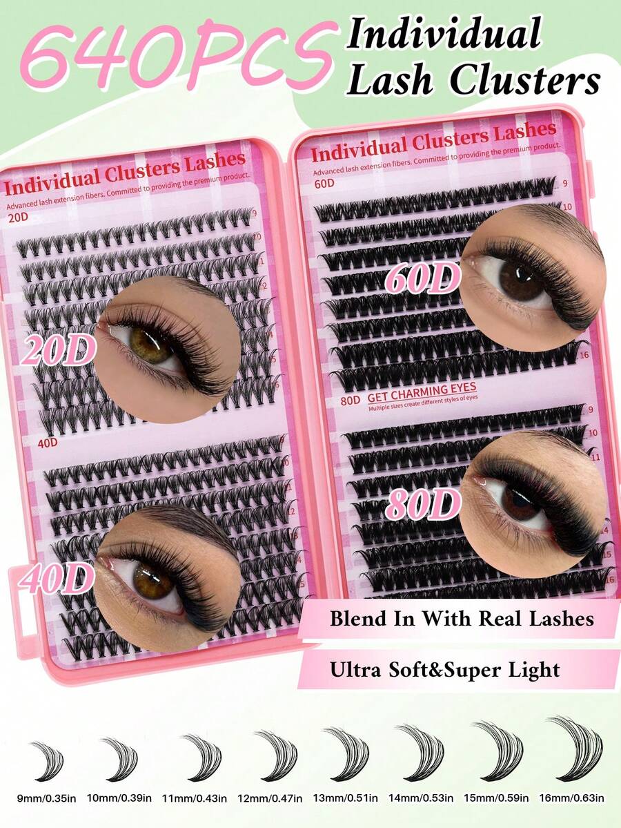 Mixed D-curl individual lash clusters from 9 to 16 mm